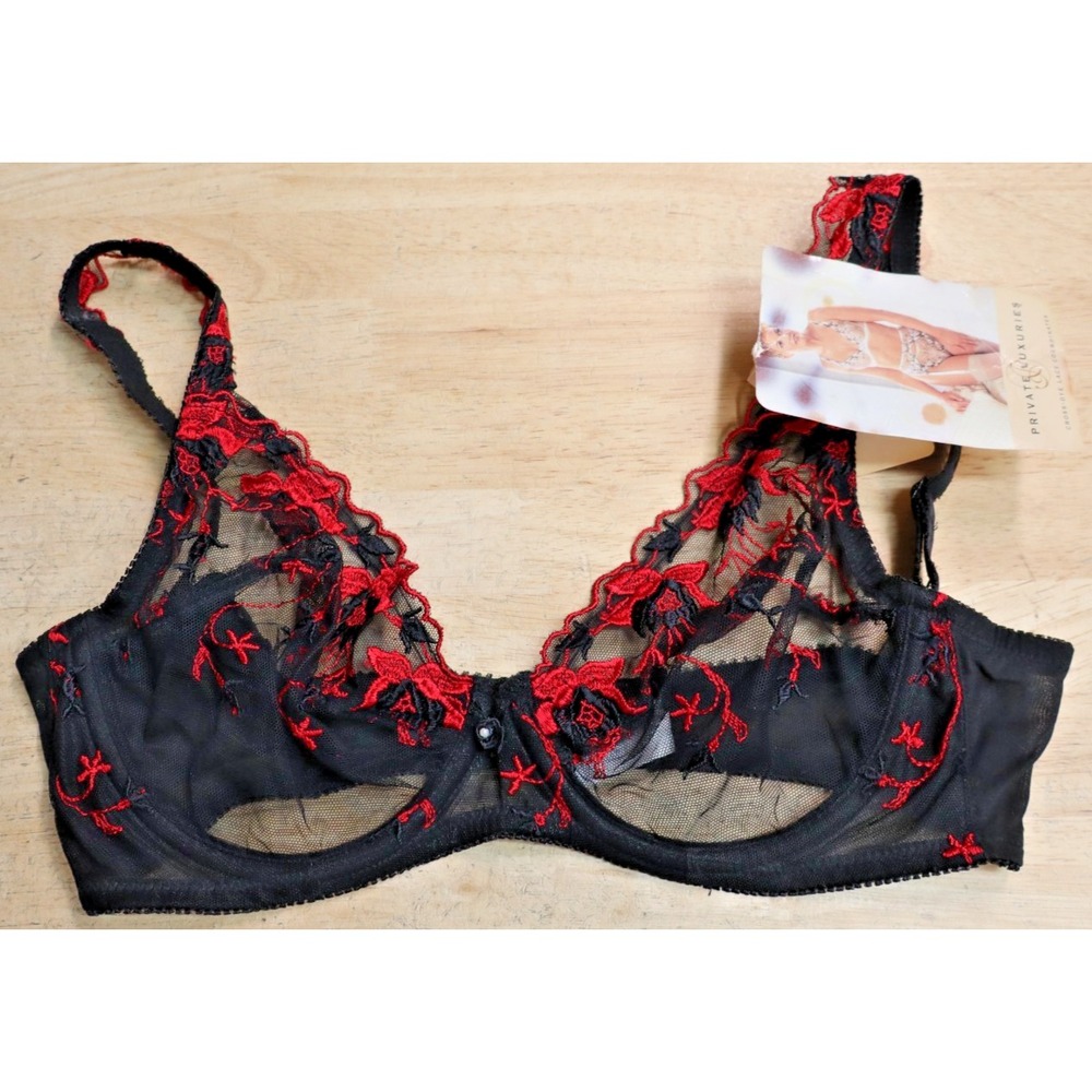 Vintage Private Luxuries Bra 34D Lace Sheer Red Black Floral Rayon Cotton New